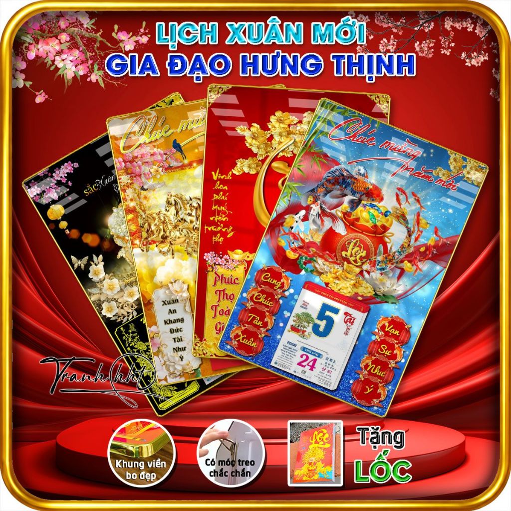 Lịch Phúc Lộc Thọ tráng gương, Lịch Gỗ Tài Lộc, Lịch chữ Lộc thư pháp, và Lịch Cá Chép quần tụ tráng