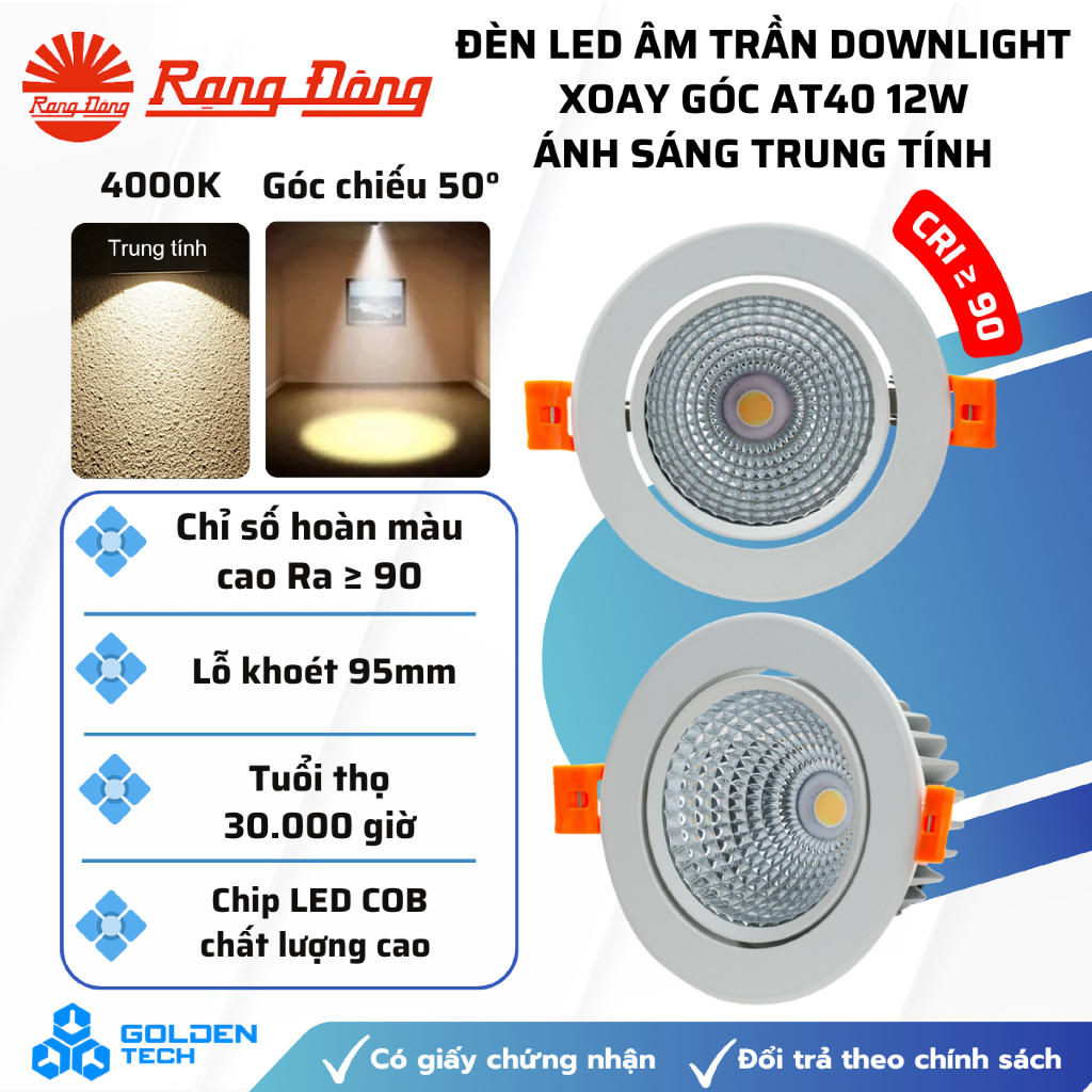 [Rạng Đông] Đèn LED xoay âm trần Downlight xoay góc AT40 95/12W góc chiếu 50° Ánh sáng trung tính