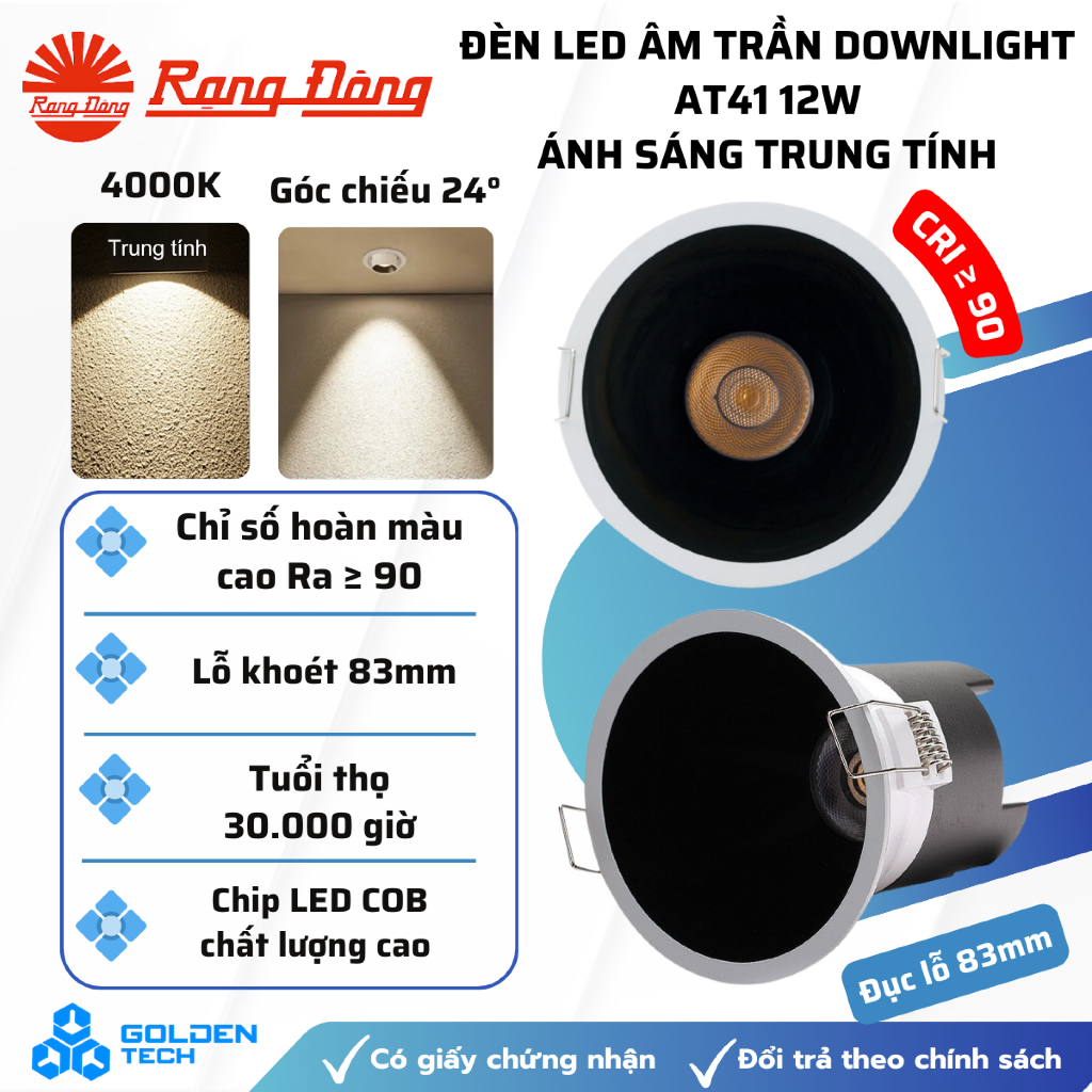 [Rạng Đông] Đèn LED xoay âm trần Downlight xoay góc AT41 86/12W góc chiếu 24° Ánh sáng trung tính
