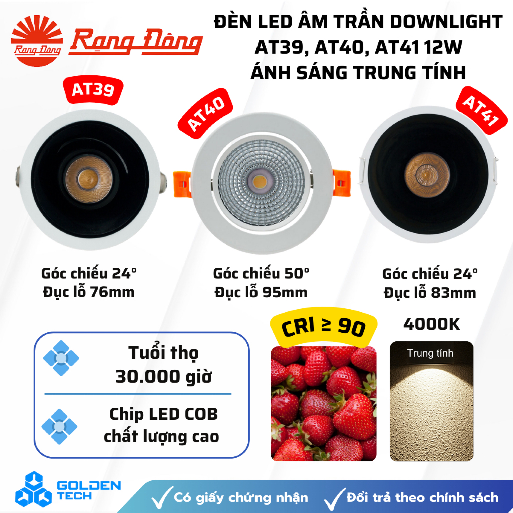 [Rạng Đông] Đèn LED âm trần Downlight AT39 76/12W, AT40 95/12W, AT41 86/12W Ánh sáng trung tính