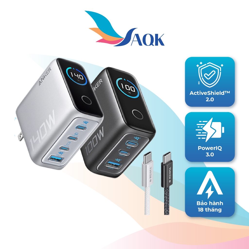 Combo Cốc Sạc Anker Zolo Fast Charging GaN Smart Display + Cáp USB Type-C to Type-C PD B2697/B121B -