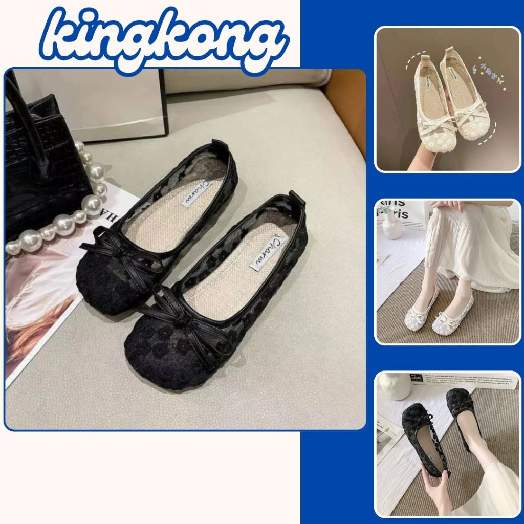 Giày Nữ Búp Bê Lưới Hoa, Giày Búp Bê Ren Nữ Mang Phong Cách Hàn Quốc Màu Đen N37 || KingKong_sneaker