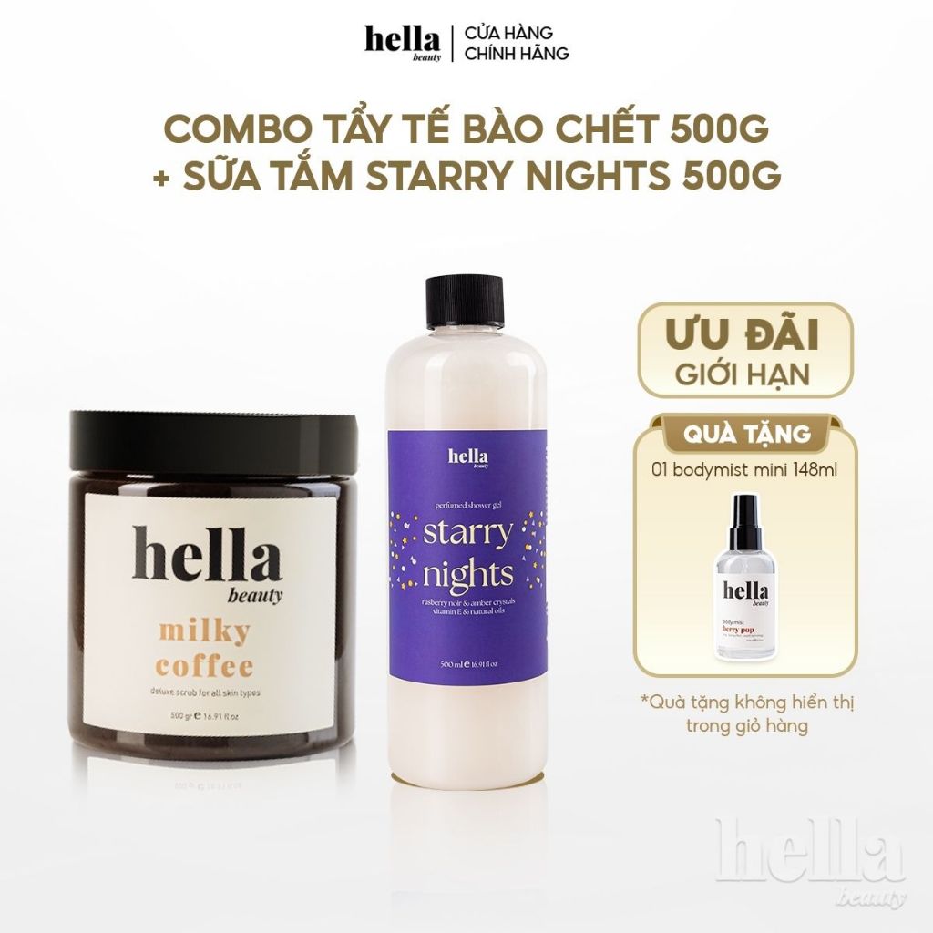Combo Tẩy tế bào chết cho body Hella Beauty 500g + Sữa tắm dưỡng ẩm mịn sạch sâu cho da Hella Beauty