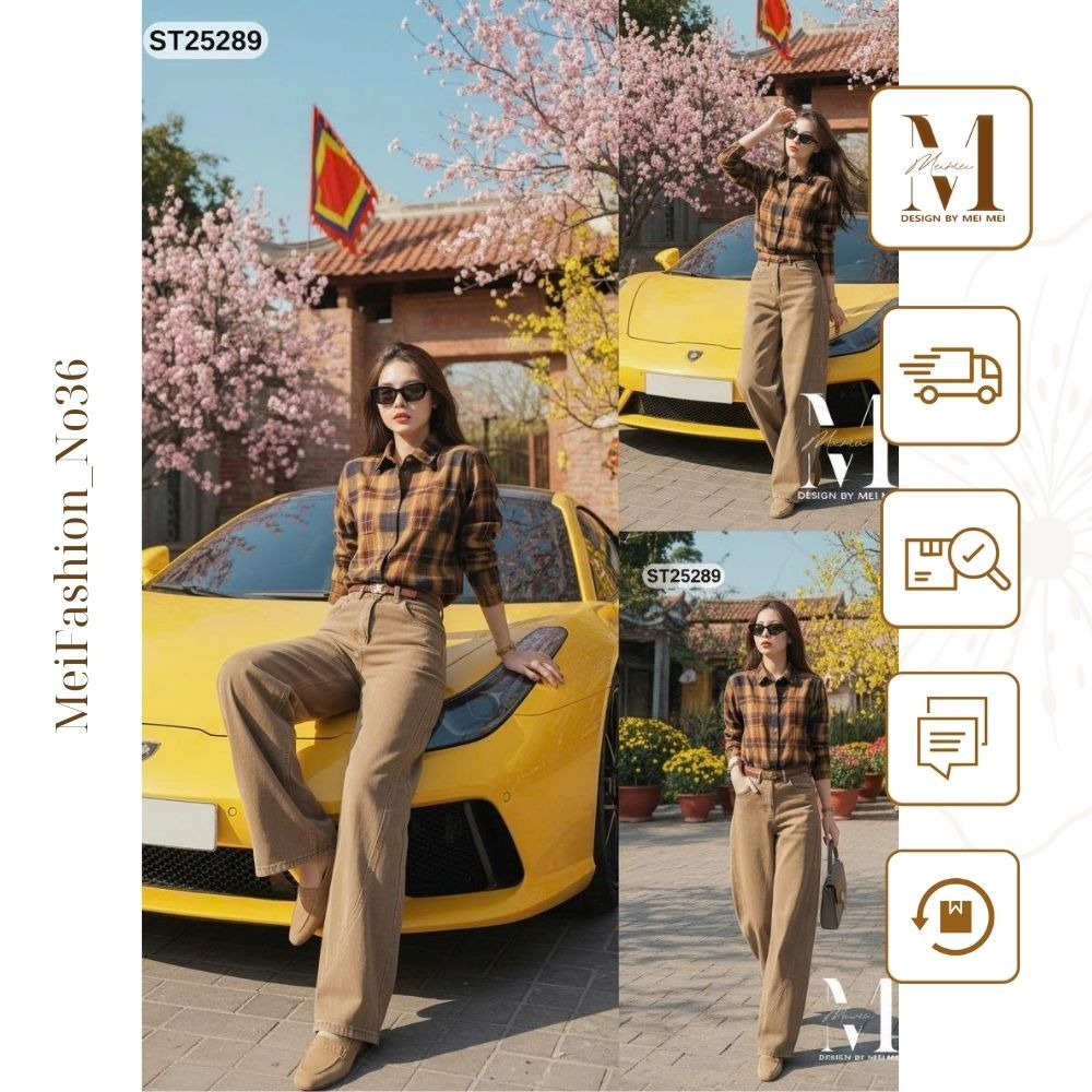 Set Đồ Nữ Công Sở MeiMei Thời Trang Họa Tiết Kẻ Ô Vuông Thanh Lịch Quần Kaki ST25289 Ver4