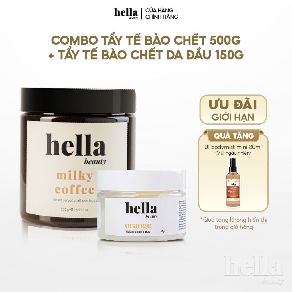 Combo tẩy tế bào chết body Hella Beauty 500g + Tẩy tế bào chết da đầu tinh chất quả cam Hella Beauty