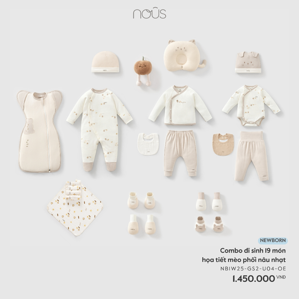 Nous Newborn Combo đi sinh, set quà tặng 19 món chất petit họa tiết mèo phối nâu nhạt cho bé sơ sinh dưới 5.5kg BST T3