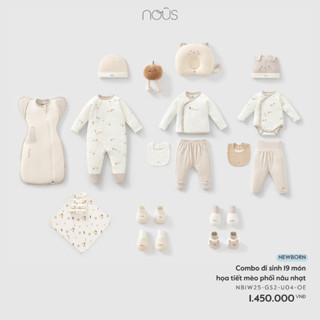 Nous Newborn Combo đi sinh, set quà tặng 19 món chất petit họa tiết mèo phối nâu nhạt cho bé sơ sinh dưới 5.5kg BST T3