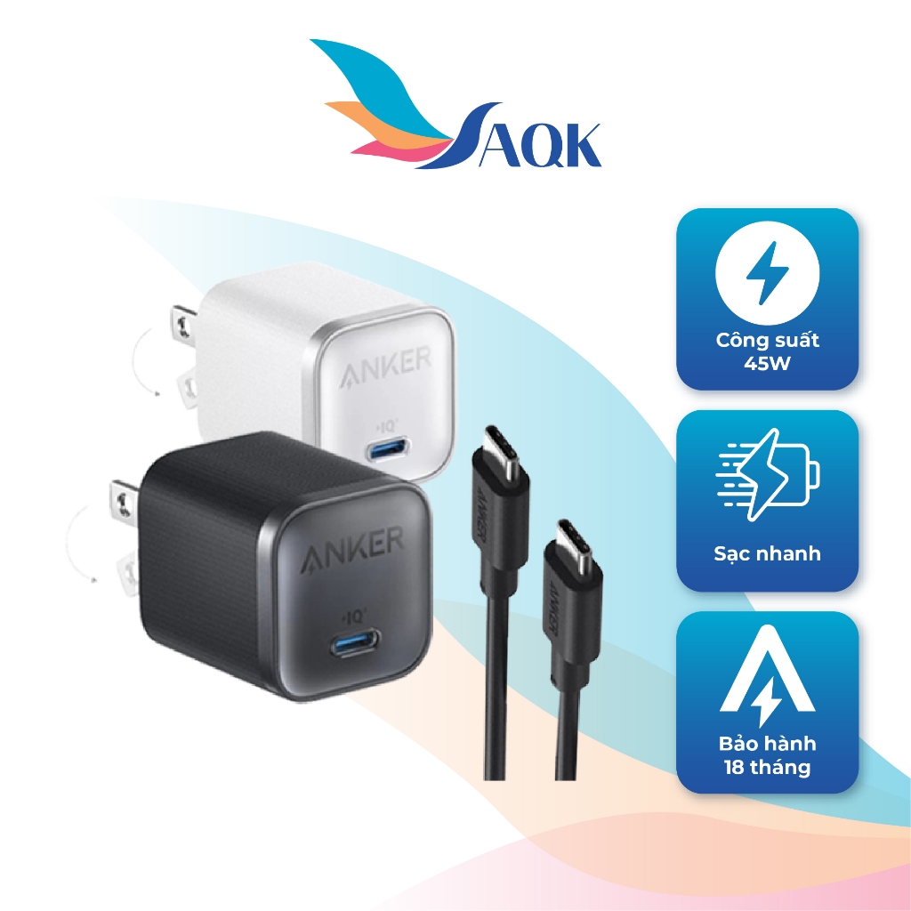 Combo cốc sạc Anker Nano 1C 45W + Cáp USB Type-C to Type-C B2692 - Hàng chính hãng