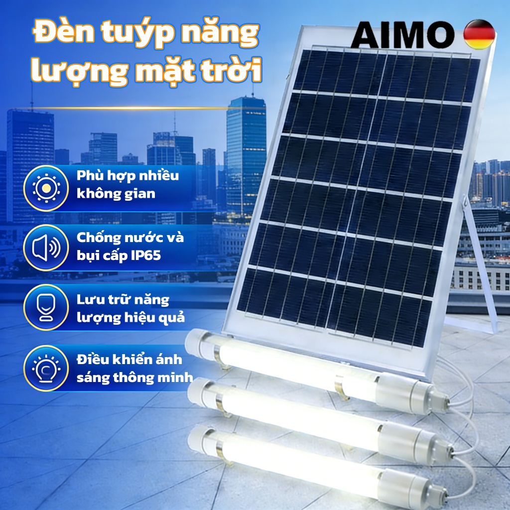 AIMO Đèn tuýp LED năng lượng mặt trời, tuổi thọ pin cực dài, thích hợp chiếu sáng sân vườn và ban công ngoài trời.