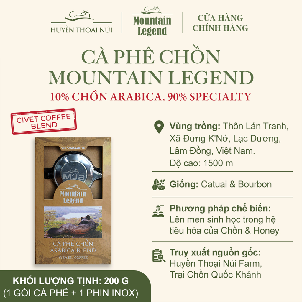 Cà Phê Chồn Mountain Legend – 10% Weasel + 90% Specialty Coffee Đặc Sản - Hộp 200gr - Tặng Phin