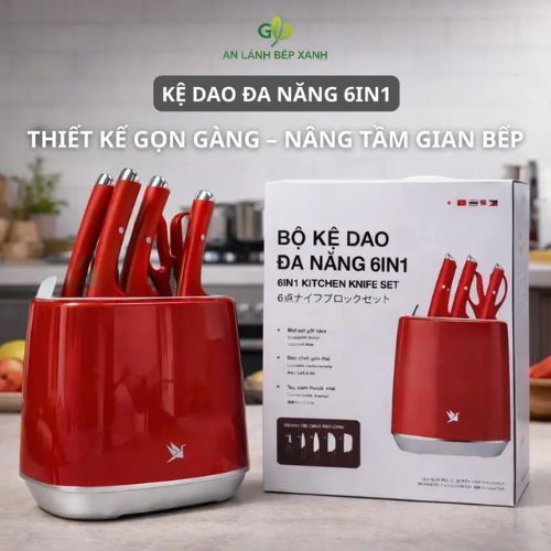 Bộ Dao Nhà Bếp 6 Món Đa Năng màu đỏ Tokyolife, 6in1 kitchen knife set Tokyolife Sắc Bén Chuẩn Nhật