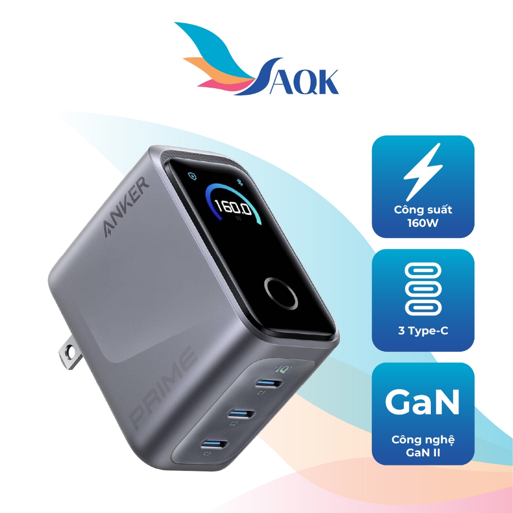 Cốc sạc Anker Prime Unmatched Power Smart Display 3Type-C 160W A2687 - Hàng chính hãng