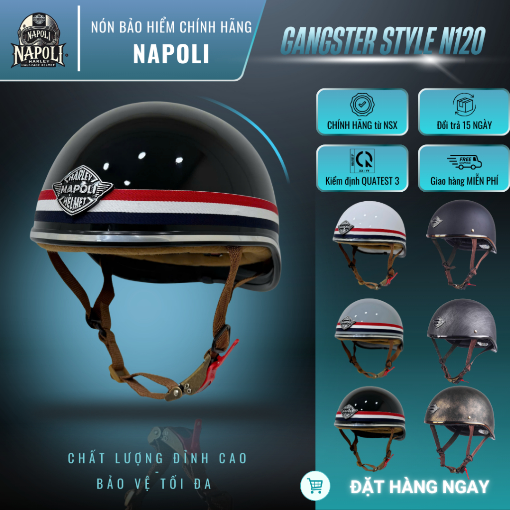 Mũ Bảo Hiểm Napoli Nửa Đầu [CHÍNH HÃNG][FREESHIP] - Nón Bảo Hiểm 1/2 Napoli GANGSTER STYLE N120