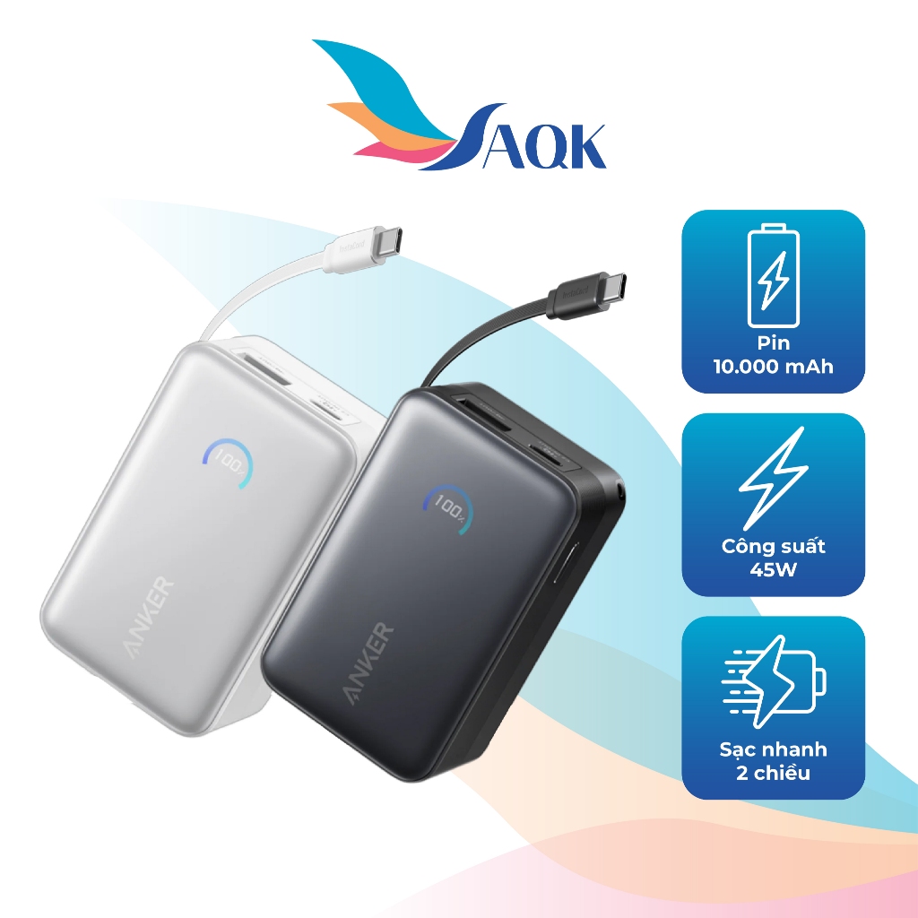 Sạc dự phòng Anker Zolo Power Bank USB-C Cable 45W 10000mAh A1638 - Hàng chính hãng