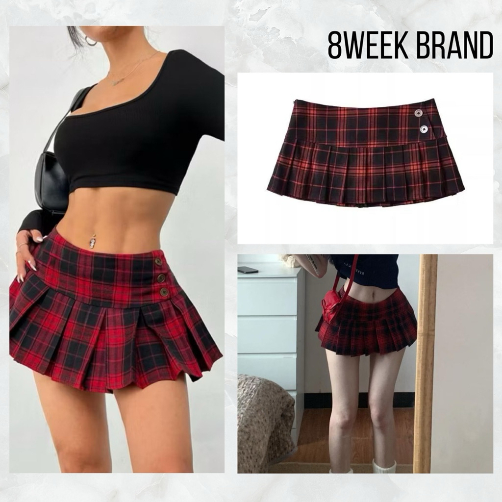 8WEEK Chân váy caro đỏ sọc phối y2k cạp trễ phong cách girlcrush