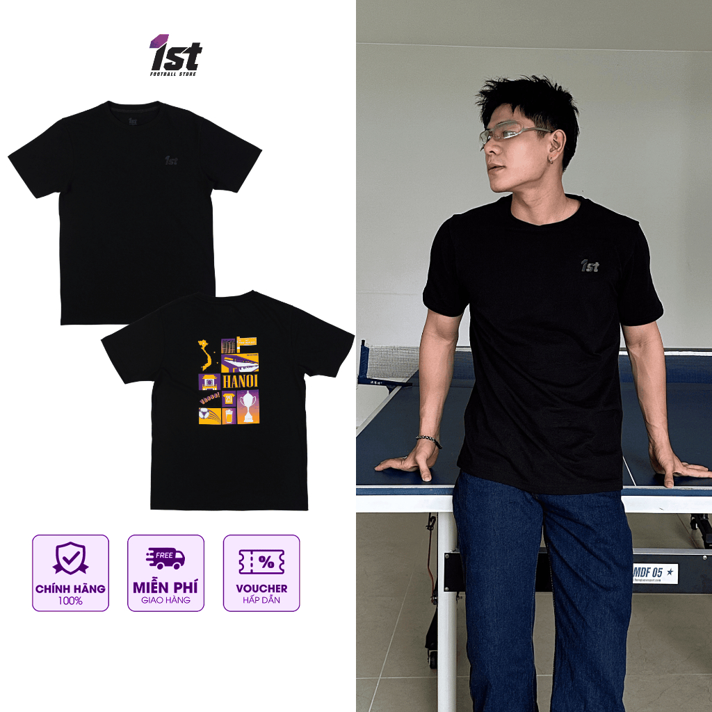 Áo thun Unisex 1st Hà Nội Football Close Up logo nhỏ màu đen cổ tròn ngắn tay thoáng mát