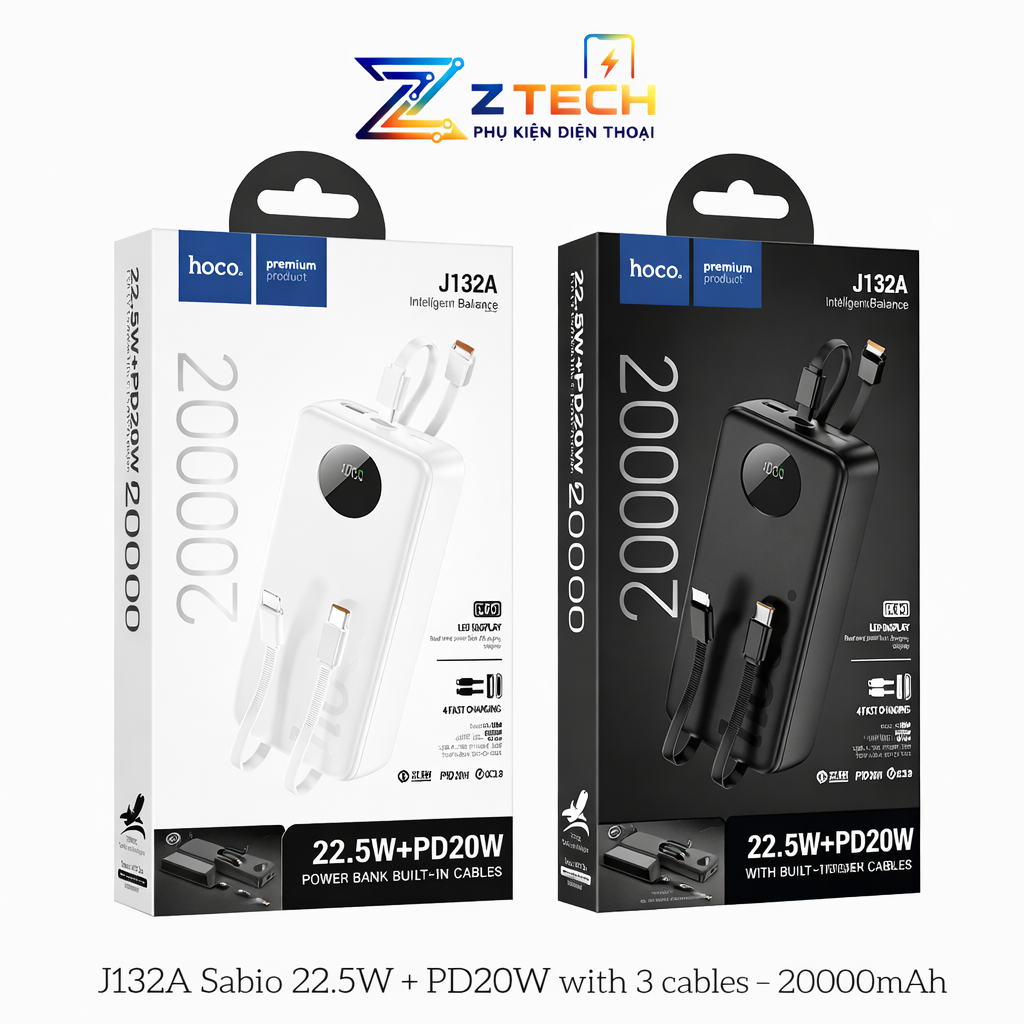 Sạc Dự Phòng Hoco J132A – Sạc Nhanh 22.5W + PD 20W – Dung Lượng 20000mAh – Kèm 3 Dây Cáp – Màn Hình 