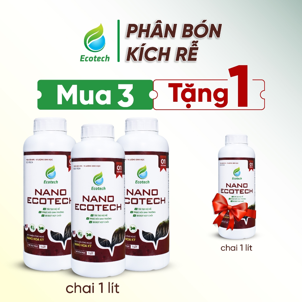 [Mua 3 Tặng 1 Cùng Loại] Phân Bón NPK NANO ECOTECH Chai 1 Lít - Kích Rễ Mạnh, Bung Đọt Nhanh, Xanh C