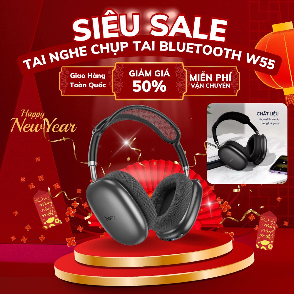 Tai Nghe Chụp Tai Bluetooth Hoco W55 - Pin Trâu 90h Nghe Nhạc - Có Mic Đàm Thoại - BH 24 Tháng