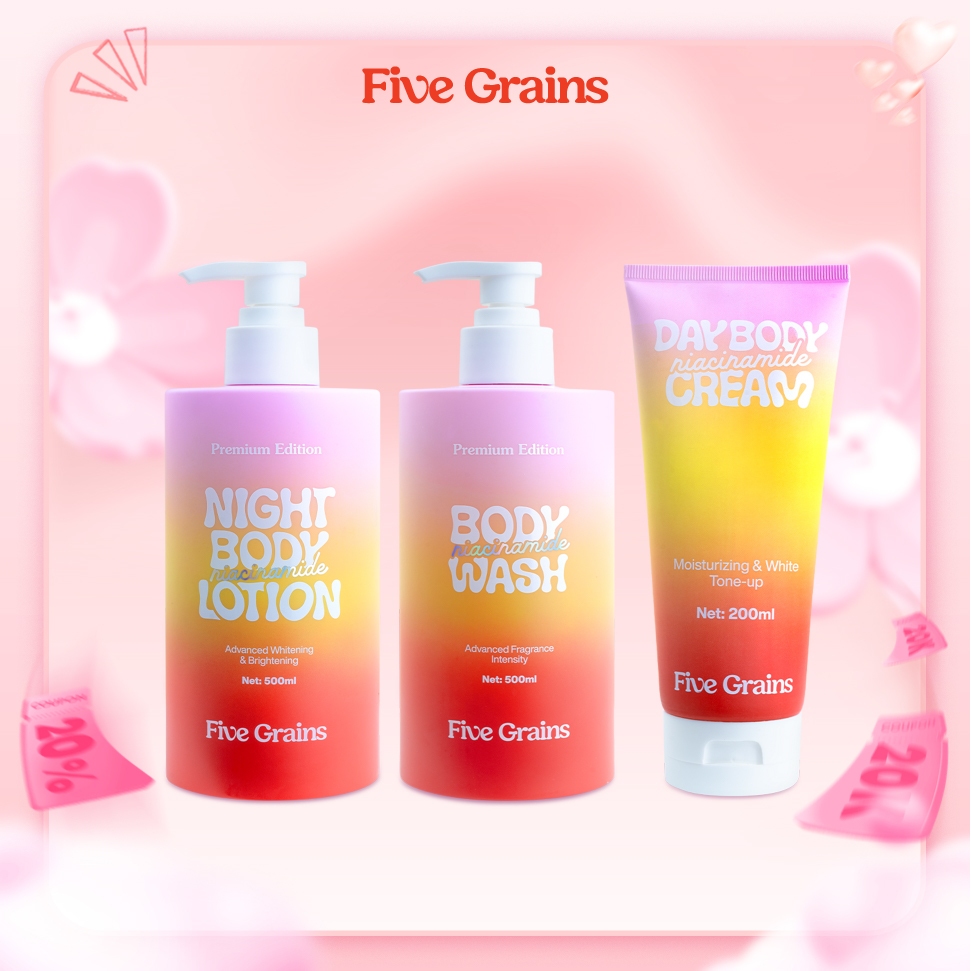 Bộ ba giúp dưỡng trắng chuyên sâu Five Grains (Sữa tắm 500ML & Kem dưỡng nâng tone 200ML & Kem dưỡng