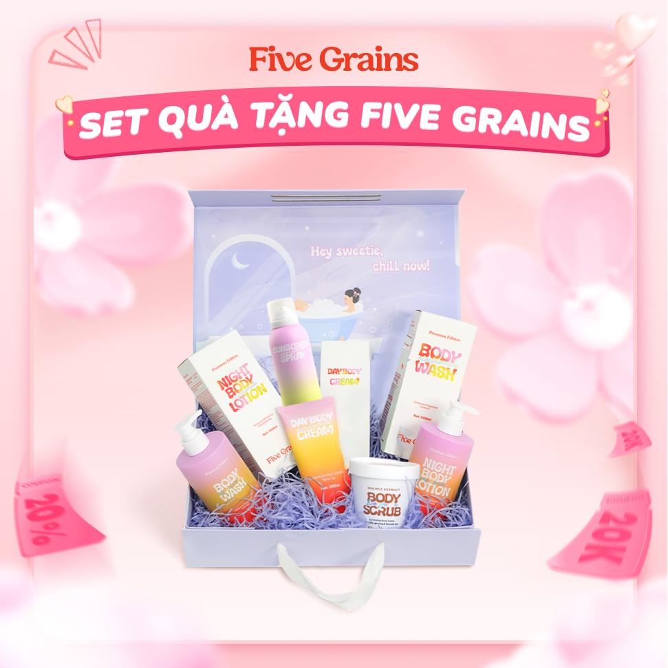 Set quà yêu thương Five Grains (sữa tắm/kem dưỡng/xịt chống nắng/tẩy tế bào chết)