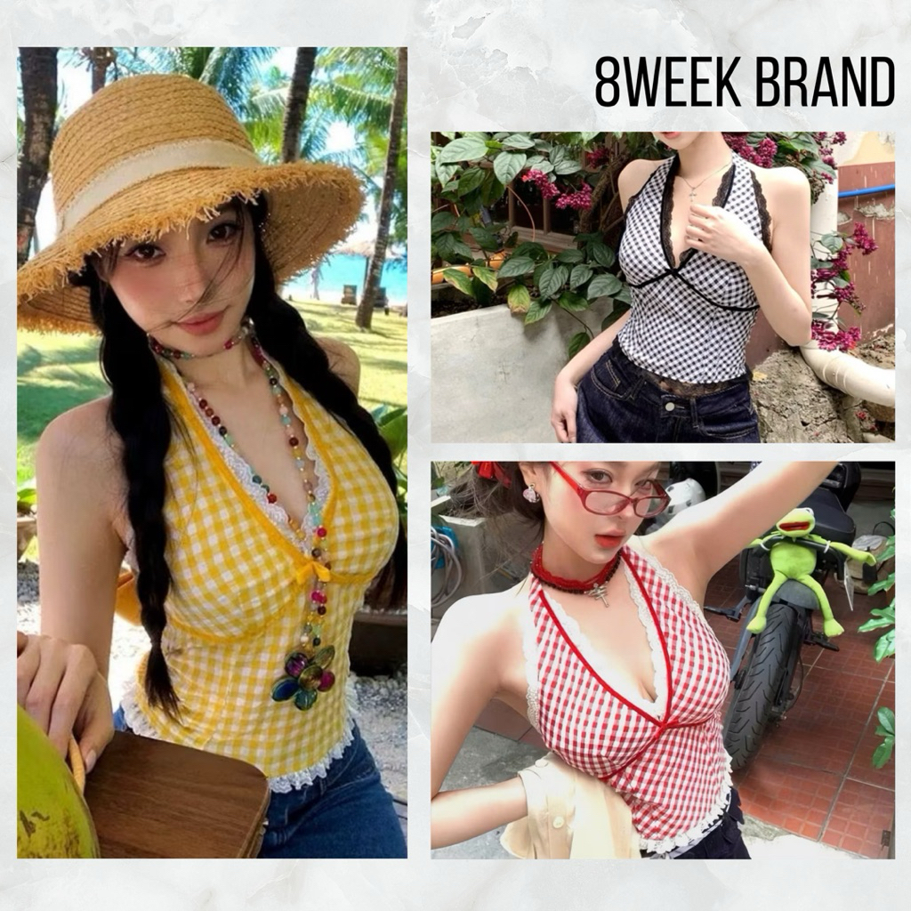 8WEEK Áo yếm caro khoét ngực co giãn phong cách bãi biển mùa hè