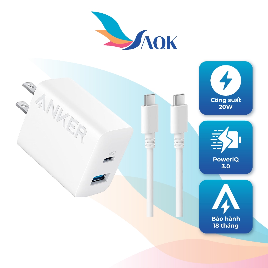 Combo cốc sạc Anker 1USB 1Type-C 20W + Cáp USB Type-C to Type-C B2348 - Hàng chính hãng