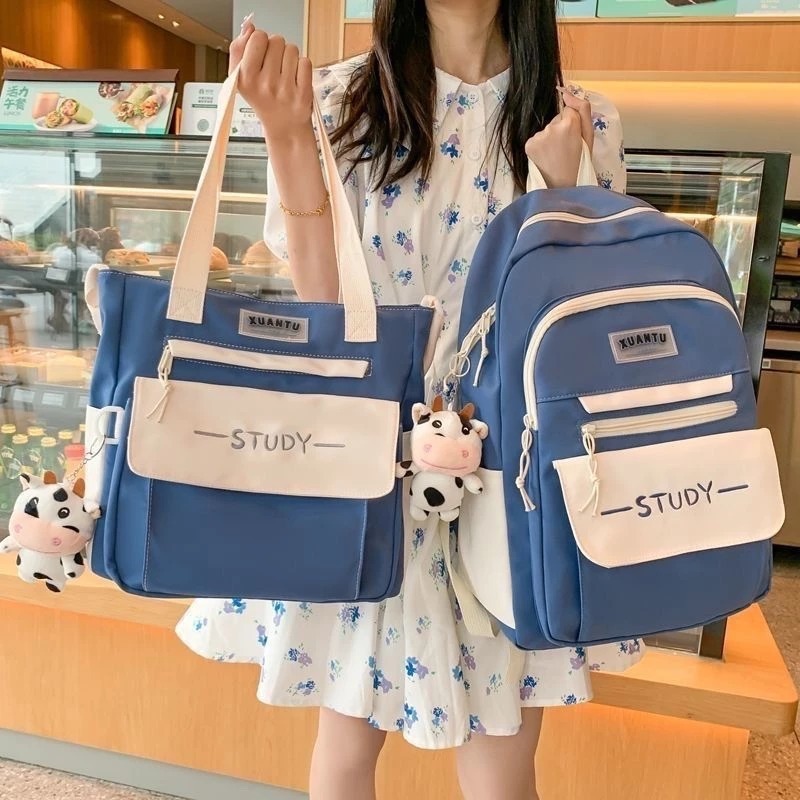 [Peinn] Set 2 món balo + tote vừa A4 STUDY giá rẻ mang đi học đi chơi