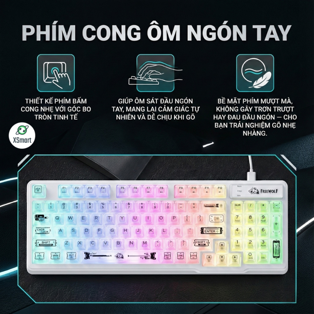 Bàn Phím Văn Phòng Có Dây FreeWolf M95 LED RGB, Keycap Trong Suốt, Gõ Êm Giảm Ồn, Full Size, Win Mac | BigBuy360 - bigbuy360.vn