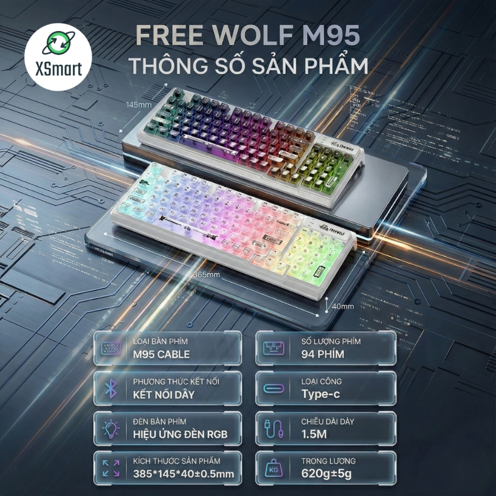 Bàn Phím Văn Phòng Có Dây FreeWolf M95 LED RGB, Keycap Trong Suốt, Gõ Êm Giảm Ồn, Full Size, Win Mac | BigBuy360 - bigbuy360.vn