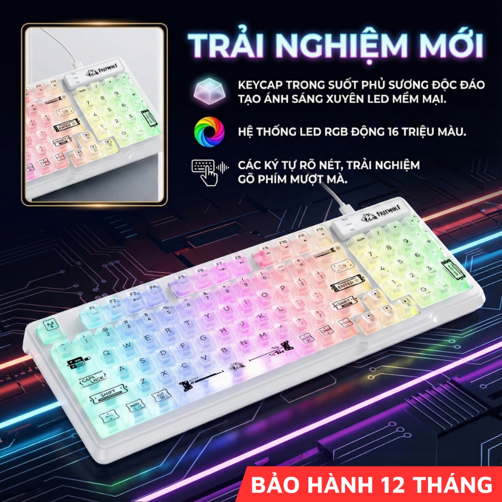 Bàn Phím Văn Phòng Có Dây FreeWolf M95 LED RGB, Keycap Trong Suốt, Gõ Êm Giảm Ồn, Full Size, Win Mac | BigBuy360 - bigbuy360.vn