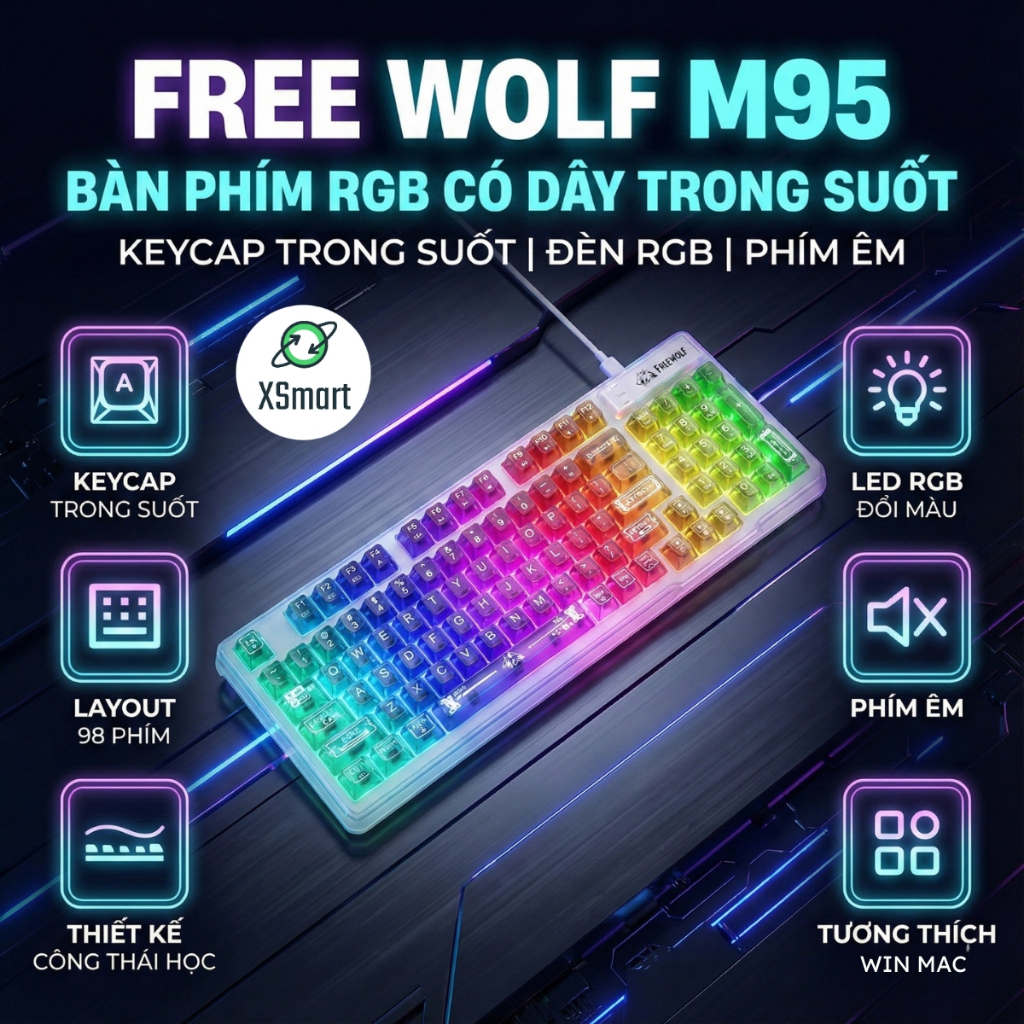 Bàn Phím Văn Phòng Có Dây FreeWolf M95 LED RGB, Keycap Trong Suốt, Gõ Êm Giảm Ồn, Full Size, Win Mac | BigBuy360 - bigbuy360.vn