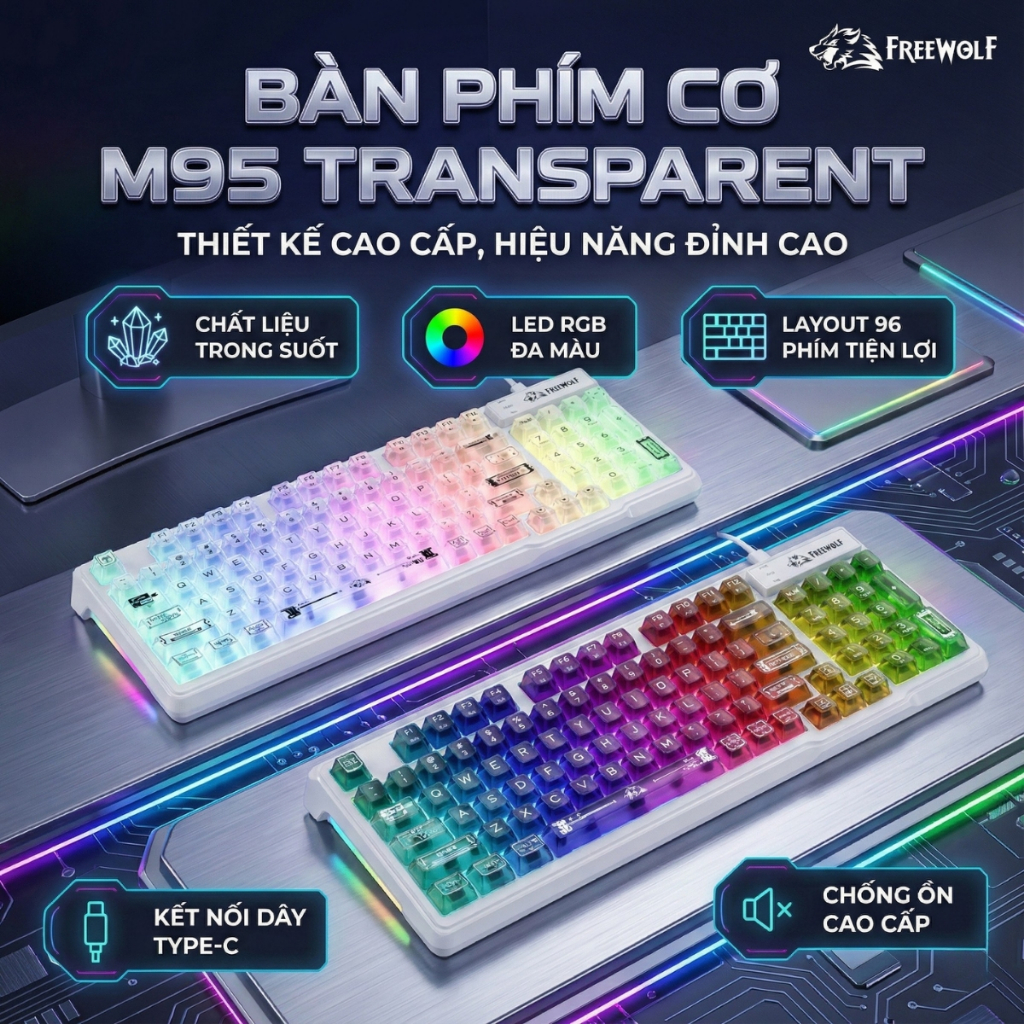 Bàn Phím Văn Phòng Có Dây FreeWolf M95 LED RGB, Keycap Trong Suốt, Gõ Êm Giảm Ồn, Full Size, Win Mac | BigBuy360 - bigbuy360.vn