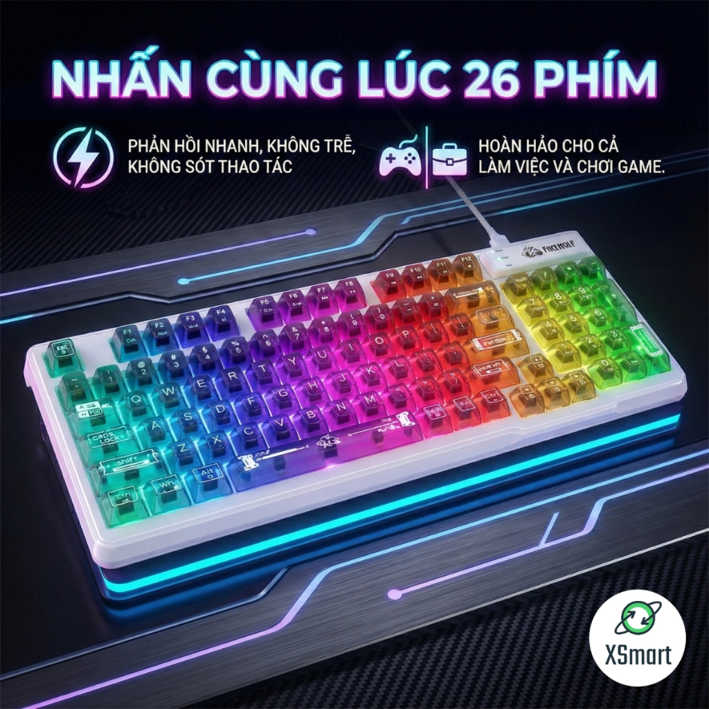 Bàn Phím Văn Phòng Có Dây FreeWolf M95 LED RGB, Keycap Trong Suốt, Gõ Êm Giảm Ồn, Full Size, Win Mac | BigBuy360 - bigbuy360.vn