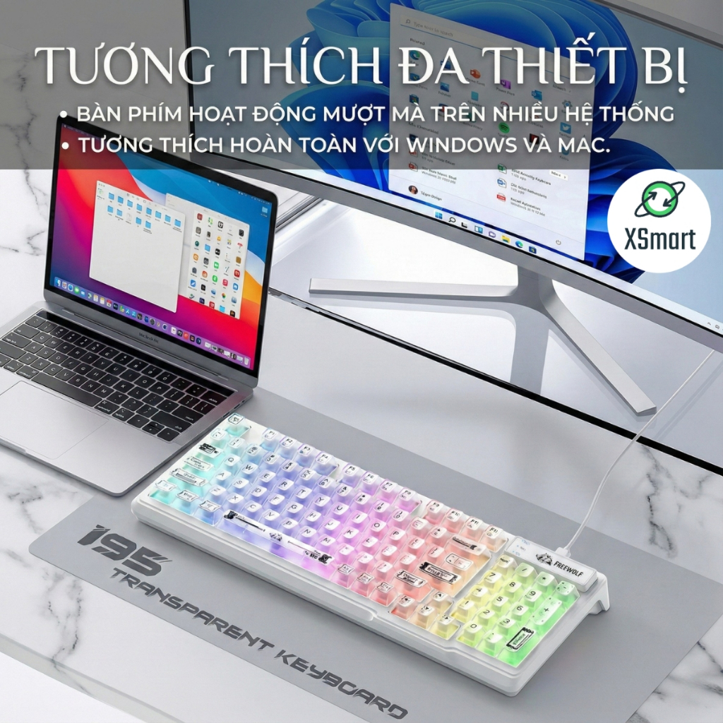 Bàn Phím Văn Phòng Có Dây FreeWolf M95 LED RGB, Keycap Trong Suốt, Gõ Êm Giảm Ồn, Full Size, Win Mac | BigBuy360 - bigbuy360.vn