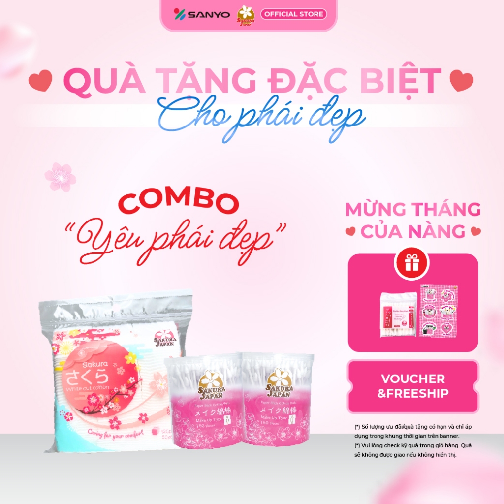 Combo "Yêu phái đẹp": 2 hộp tăm bông Makeup và 1 bông tẩy trang Sakura Japan hỗ trợ thao tác trang đ