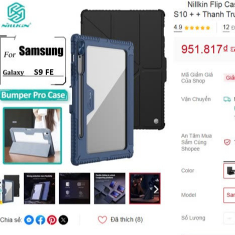bao da, ốp lưng Chính Hãng Nillkin, Camera Slider Dành Cho Samsung Galaxy Tab S9 FE  ( mới 100% than