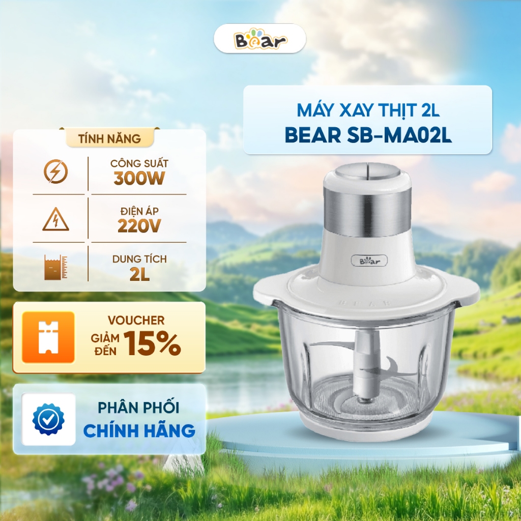Máy xay thịt 2L Bear SB-MA02L - 2 chế độ xay - Cối xay thủy tinh - Bảo hành 18 Tháng
