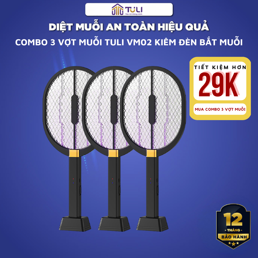 COMBO 3 Vợt muỗi thông minh TULI VM02, Dung lượng pin lớn, Kiêm đèn bắt muỗi, Bảo Hành 12 Tháng