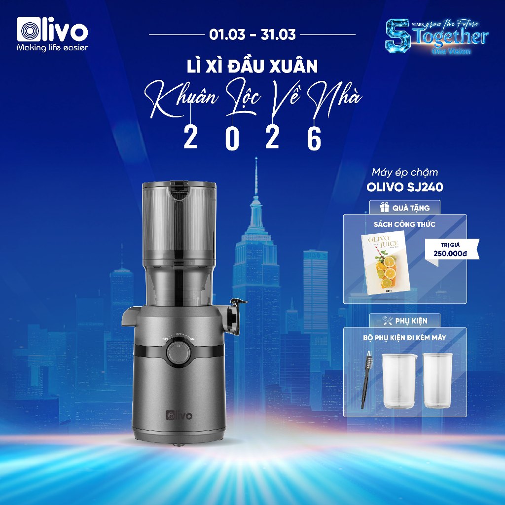 Máy Ép Chậm OLIVO SJ240 - Máy Ép Trái Cây, Rau Củ Kiệt Bã 98% - Làm Kem Hoa Quả - Cổ Ép Rộng - Dễ Vệ Sinh