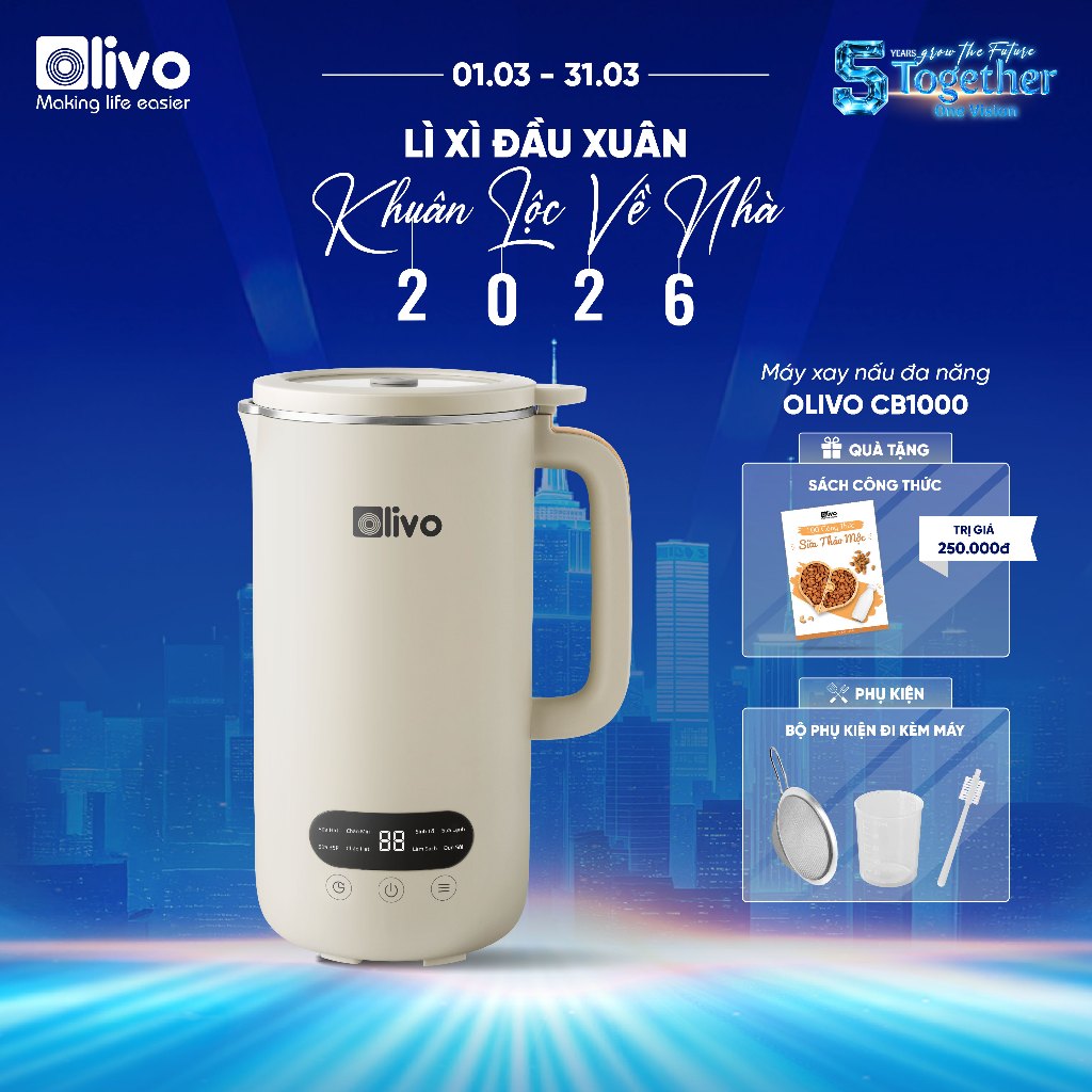 Máy Làm Sữa Hạt Mini OLIVO CB1000 1L - Máy Xay Nấu Đa Năng, Nắp Kính Cường Lực & INOX, Chống Tràn, Xay Mịn