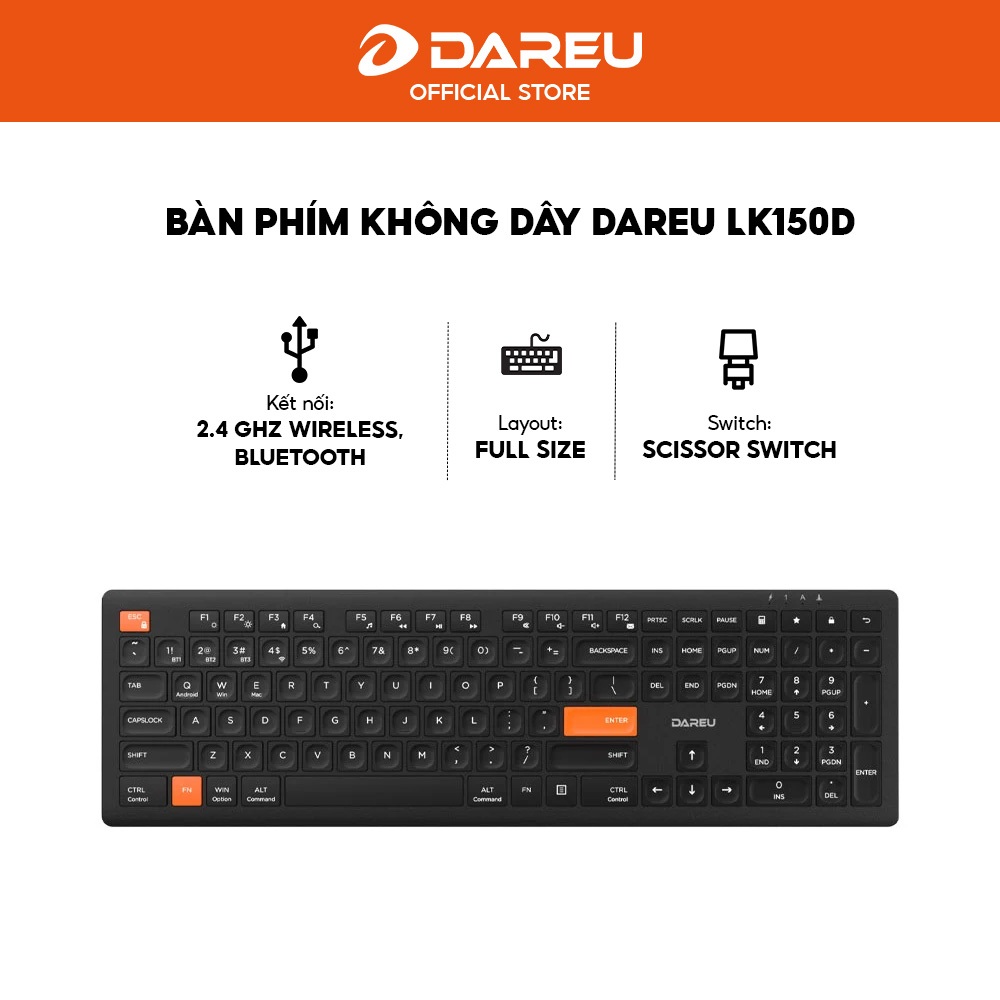 Bàn phím máy tính không dây DareU LK150D Black-Orange - Dual Mode - Scissor Switch - Bảo hành 24T