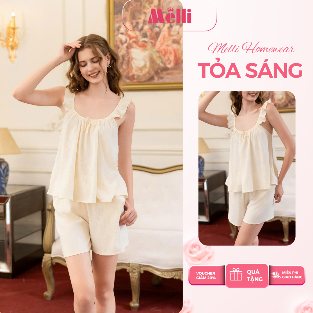 Bộ Đồ Ngủ Nữ 2 Dây Phối Bèo Dễ Thương – Set Đồ Mặc Nhà Chất Đũi Cotton Mềm Mịn Siêu Mát Mùa Hè Thương Hiệu Melli