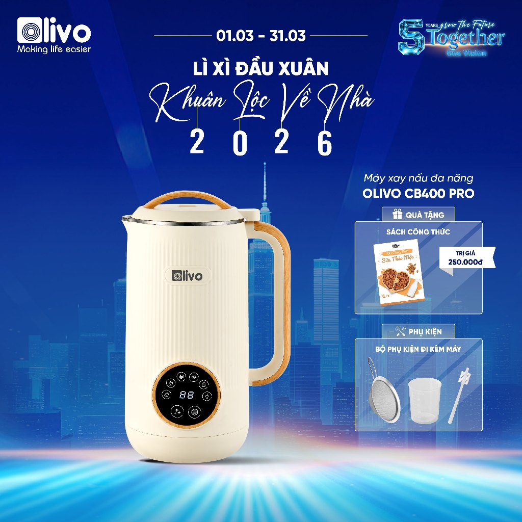 Máy Làm Sữa Hạt Mini OLIVO CB400 PRO 600ml – Máy Xay Nấu Đa Năng – Nắp Inox 304 – Lưỡi Dao 10 Cánh