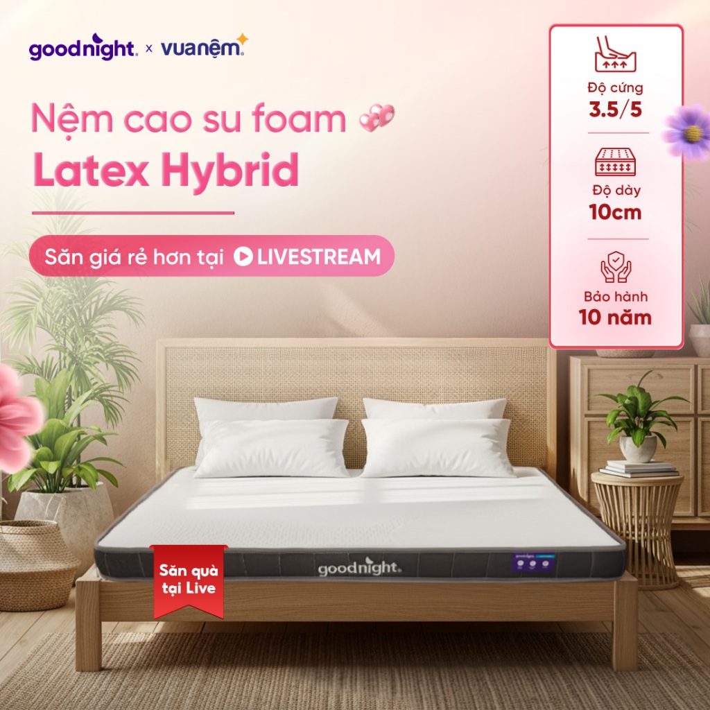 Nệm Cao Su Foam Vua Nệm Goodnight Latex Hybrid 10cm, Đệm Cao Su Thiên Nhiên, Nệm cao su non