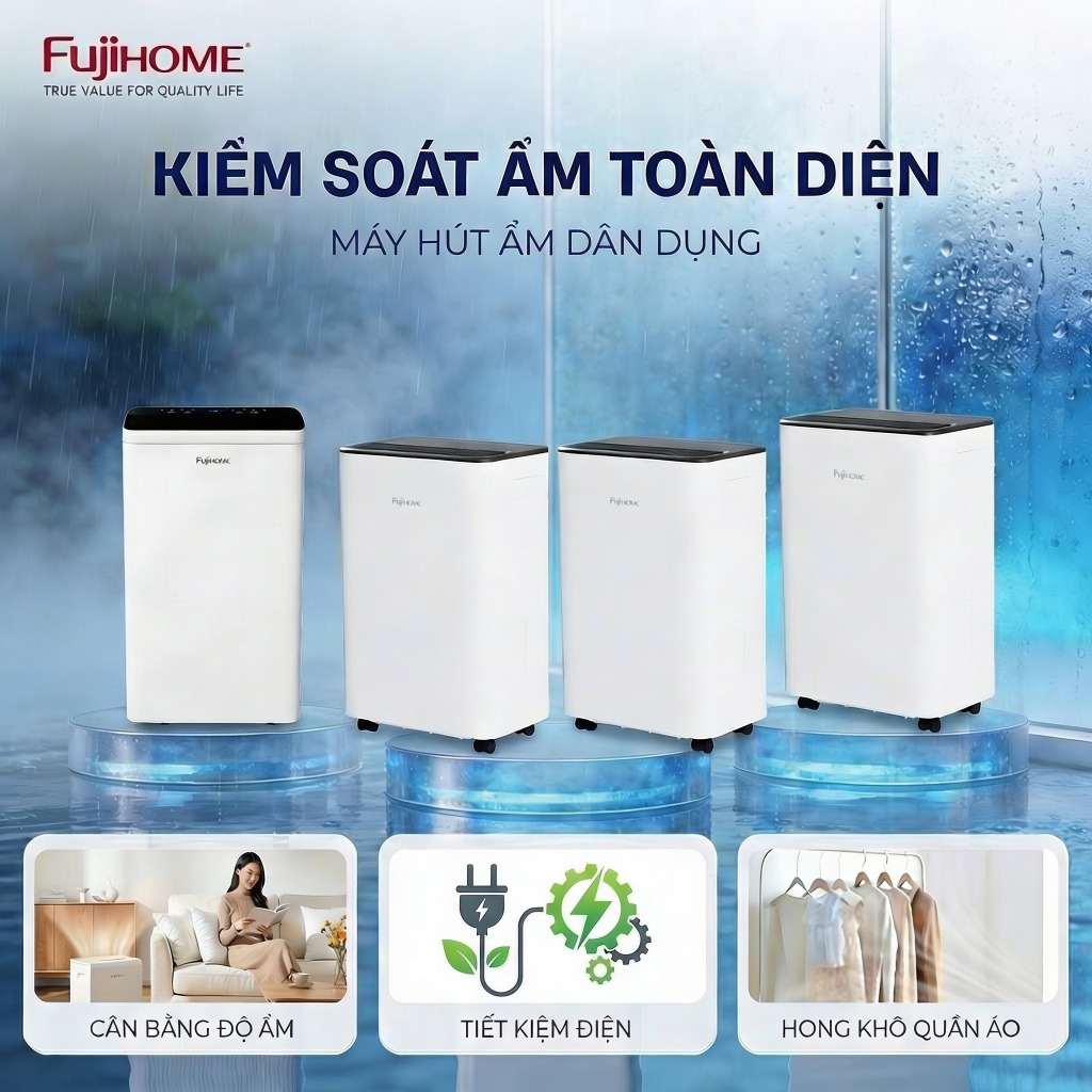 Máy hút ẩm 20-50m2 lọc không khí HEPA FUJIHOME Nhập Khẩu kết nối Wifi phòng khách, phòng ngủ độ ồn thấp tiết kiệm điện