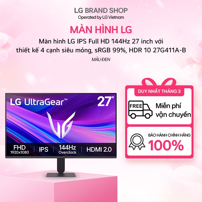 Màn hình LG IPS Full HD 144Hz với thiết kế 4 cạnh siêu mỏng, sRGB 99%, HDR 10, 1ms MBR -27G411A-B