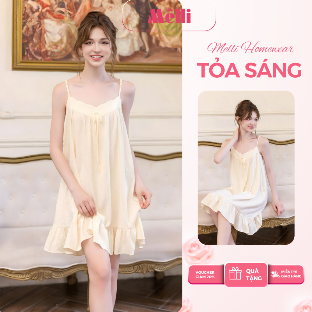 Váy babydoll 2 dây nữ chất đũi cotton thoáng mát cách điệu, Đầm ngủ xòe đuôi cá dễ thương
