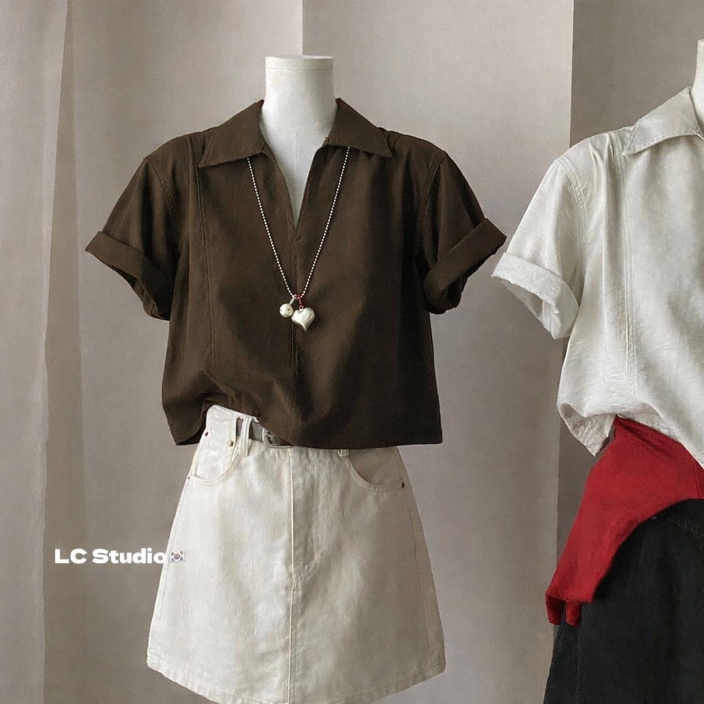 Áo Sơ Mi Kiểu Nữ FMSTYLE SHOP – Tay Ngắn Crop Cổ V Viền Giữa Hách Dáng, Phối Đồ Xinh 26010423