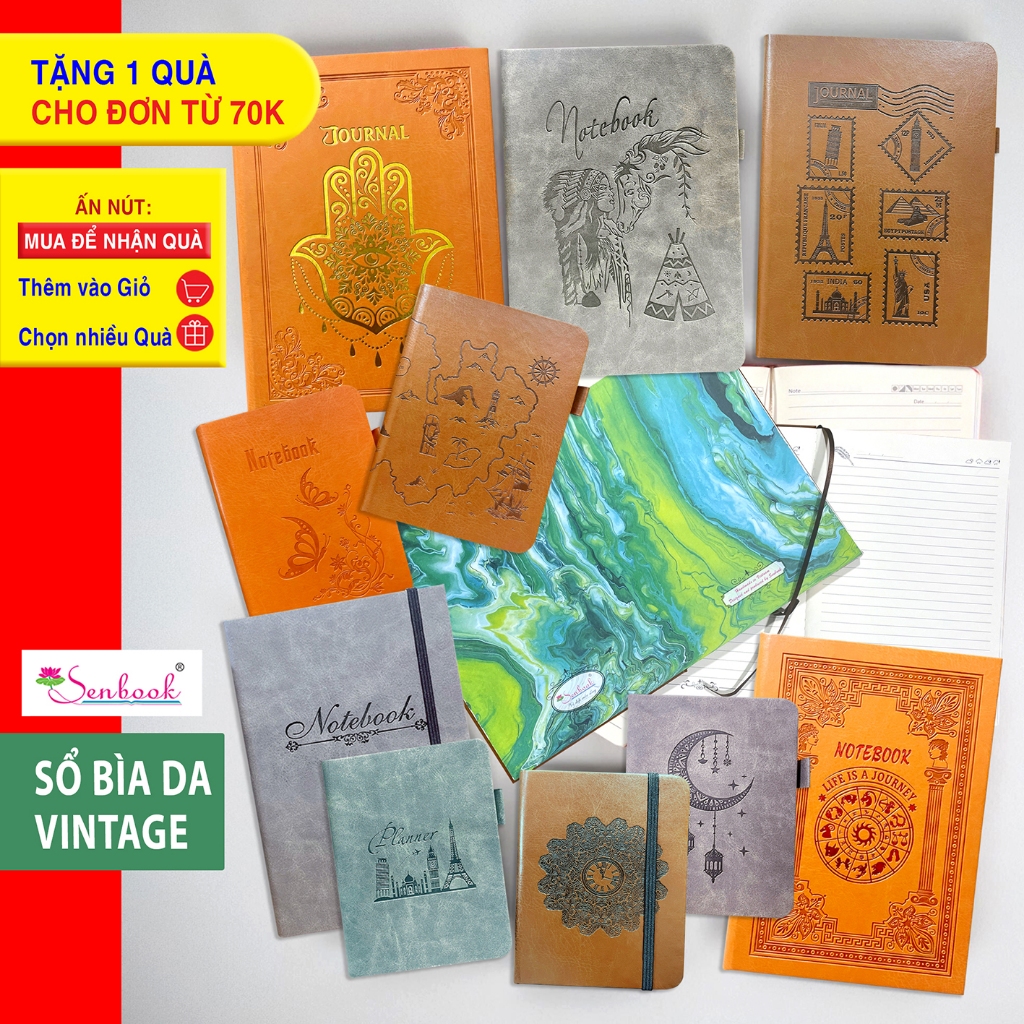 Sổ tay ghi chép Bìa da Vintage Senbook A5 - giấy vàng kem 100gsm chống loá Kẻ ngang Viết nhật ký